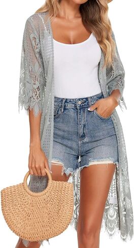 Zeagoo Women's Lace Cardigan Floral Crochet Long Kimono 3/4 Sleeve Mesh Bathing Suit Cover Ups in Saudi Arabia