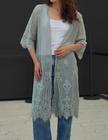 Zeagoo Women's Lace Cardigan Floral Crochet Long Kimono 3/4 Sleeve Mesh Bathing Suit Cover Ups in Saudi Arabia