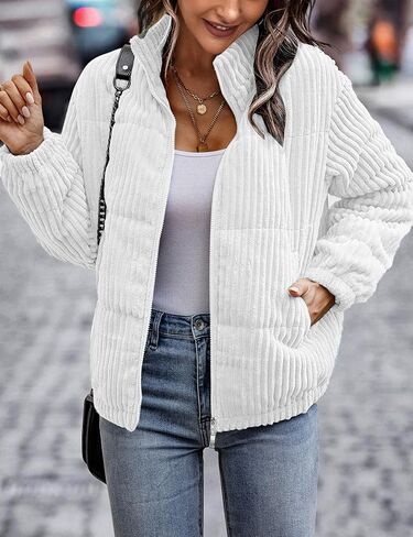 Kissonic Women's Corduroy Puffer Jacket Stand Collar Long Sleeve Cropped Puffer Coat Lightweight Fall Jackets in Saudi Arabia