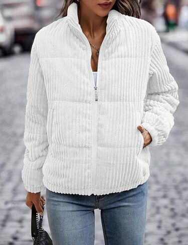 Kissonic Women's Corduroy Puffer Jacket Stand Collar Long Sleeve Cropped Puffer Coat Lightweight Fall Jackets in Saudi Arabia