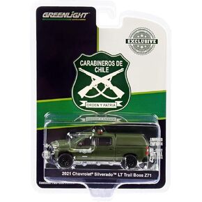 2021 Chevy Silverado LT Trail Boss Z71 Pickup Truck w/Camper Shell Matt Green Carabineros de Chile 1/64 Model Car by Greenlight in Kuwait
