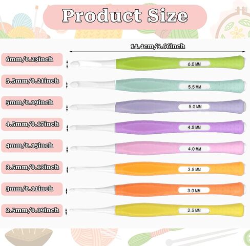 مجموعة خطافات كروشيه مضمنة من 8 قطع، خطافات كروشيه بمقبض ناعم مريح، خطاف كروشيه غير قابل للانزلاق، مجموعة ابر كروشيه للمبتدئين في الكروشيه، ابر كروشيه عميقة لخيوط الغزل 2.5 ملم - 6.0 ملم (C-J) in Kuwait