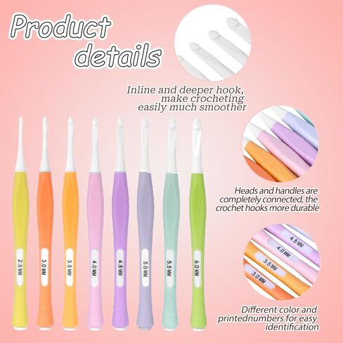 مجموعة خطافات كروشيه مضمنة من 8 قطع، خطافات كروشيه بمقبض ناعم مريح، خطاف كروشيه غير قابل للانزلاق، مجموعة ابر كروشيه للمبتدئين في الكروشيه، ابر كروشيه عميقة لخيوط الغزل 2.5 ملم - 6.0 ملم (C-J) in Kuwait