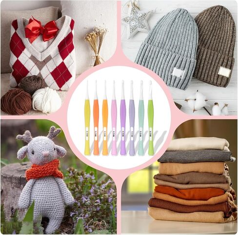 مجموعة خطافات كروشيه مضمنة من 8 قطع، خطافات كروشيه بمقبض ناعم مريح، خطاف كروشيه غير قابل للانزلاق، مجموعة ابر كروشيه للمبتدئين في الكروشيه، ابر كروشيه عميقة لخيوط الغزل 2.5 ملم - 6.0 ملم (C-J) in Kuwait