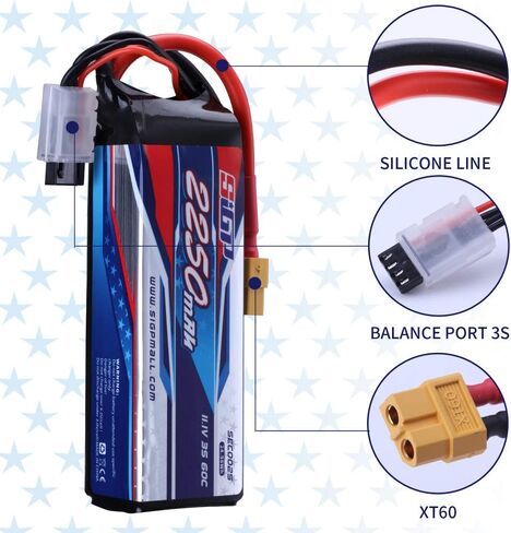 SIGP 3S 11.1V Lipo Battery 2250mAh 60C Soft Pack with XT60 Plug for RC Airplane Quadcopter Helicopter Drone FPV Racing Hobby in Kuwait