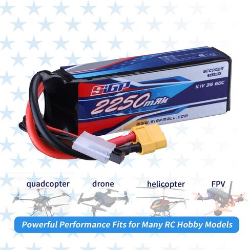 SIGP 3S 11.1V Lipo Battery 2250mAh 60C Soft Pack with XT60 Plug for RC Airplane Quadcopter Helicopter Drone FPV Racing Hobby in Kuwait