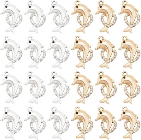 arricraft 32 Pcs 2 Colors Dolphin with Heart Pendants, Alloy Rhinestone Ocean Fish Charm Pendants for Earring Necklace Keychain Jewelry Craft Makings in Saudi Arabia
