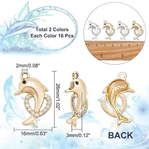 arricraft 32 Pcs 2 Colors Dolphin with Heart Pendants, Alloy Rhinestone Ocean Fish Charm Pendants for Earring Necklace Keychain Jewelry Craft Makings in Saudi Arabia