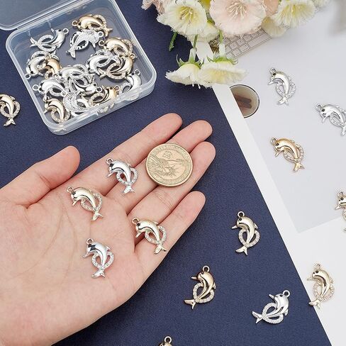 arricraft 32 Pcs 2 Colors Dolphin with Heart Pendants, Alloy Rhinestone Ocean Fish Charm Pendants for Earring Necklace Keychain Jewelry Craft Makings in Saudi Arabia