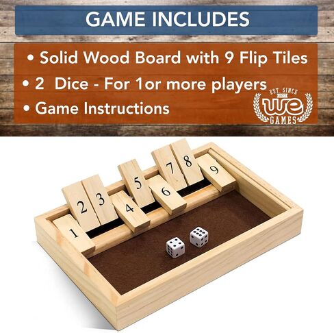 WE Games Shut the Box Game Wooden – 9 Number Flip Tiles with Dark Stained Wooden Box, Board Game for Game Night, Math Games, Clackers, Family Games, Adult Dice Games, Board Games for Adults, 11 inches in Saudi Arabia
