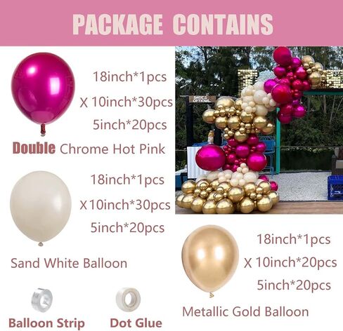 اوينييرو مجموعة قوس اكليل بالونات كروم بلون زهري فاقع وابيض رملي، 145 قطعة، بالونات ذهبية معدنية محشوة مزدوجة لحفلات استقبال المولود واعياد الميلاد والخطوبة والذكرى السنوية in Kuwait