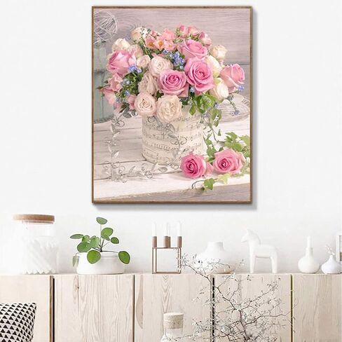 مجموعة طلاء الماس 5 دي بمثقاب كامل، مجموعة رسم من حجر الراين الماسي المستدير يمكنك تركيبه بنفسك، رسم بغرز متقاطعة، صور فنية لتزيين حائط المنزل (15.7 × 11.8 انش، وردي وابيض) in Kuwait