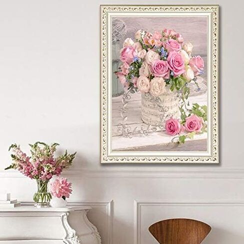 مجموعة طلاء الماس 5 دي بمثقاب كامل، مجموعة رسم من حجر الراين الماسي المستدير يمكنك تركيبه بنفسك، رسم بغرز متقاطعة، صور فنية لتزيين حائط المنزل (15.7 × 11.8 انش، وردي وابيض) in Kuwait