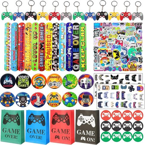 DOEA 100Pcs Video Game Birthday Party Favors for kids,Video Game Party Supplies Included Gift Bags,Stickers,Keychains,Slap Circle,Button Badges,Tattoo Stickers,Suitable For Gift Bag Filler in Kuwait