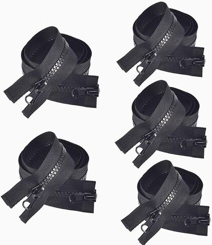 5PCS #5 24 Inch Two Way Separating Large Plastic Zippers Black Tape with Double Pull Tab Slider Heavy Duty Zippers for Sewing, Jacket, Sleeping Bag, Boat, Trampoline, Dog Bed,Tent 60cm (24" 5pcs) in Kuwait