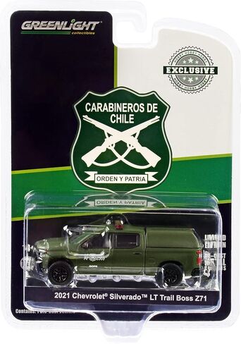 2021 Chevy Silverado LT Trail Boss Z71 Pickup Truck w/Camper Shell Matt Green Carabineros de Chile 1/64 Model Car by Greenlight in Kuwait