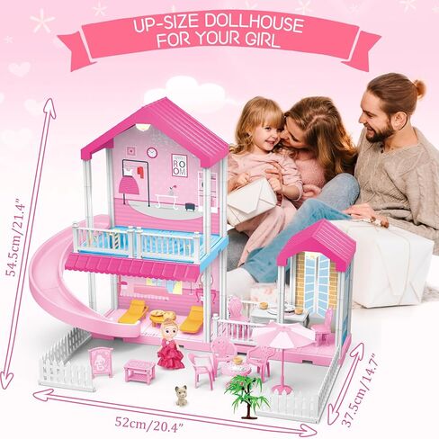 لعبة بيت الدمية نيراجرون، بيت لعب مكون من 3 طوابق 9 مع مصعد، سيارة، ضوء، كرسي متأرجح، دمية، أثاث وإكسسوارات، هدية لعبة التظاهر لبيت الدمى للأطفال والبنات الصغار in Kuwait