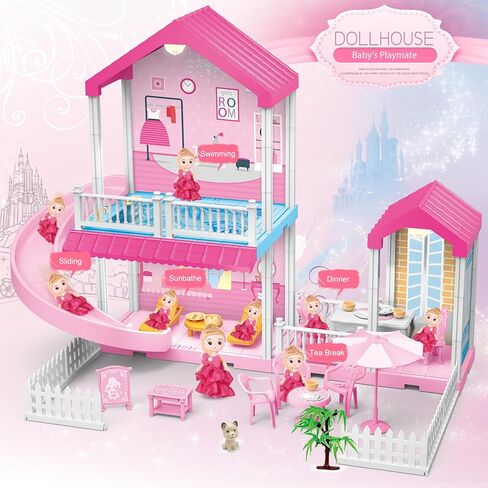 لعبة بيت الدمية نيراجرون، بيت لعب مكون من 3 طوابق 9 مع مصعد، سيارة، ضوء، كرسي متأرجح، دمية، أثاث وإكسسوارات، هدية لعبة التظاهر لبيت الدمى للأطفال والبنات الصغار in Kuwait