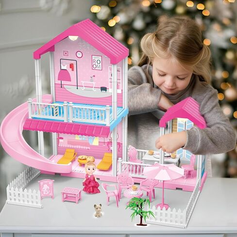 لعبة بيت الدمية نيراجرون، بيت لعب مكون من 3 طوابق 9 مع مصعد، سيارة، ضوء، كرسي متأرجح، دمية، أثاث وإكسسوارات، هدية لعبة التظاهر لبيت الدمى للأطفال والبنات الصغار in Kuwait