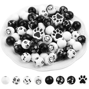 200 قطعة من الخرز الخشبي على شكل عظم مخالب الكلب من الخرز الخشبي باللونين الاسود والابيض، خرز فاصل لبصمات قدم الجراء، خرز فاصل خرز لصنع المجوهرات والعلكة لعيد الفصح والحرف اليدوية وديكور المنزل in Kuwait