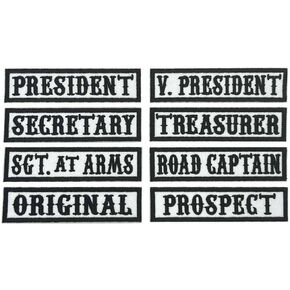 8 عبوات مقاس 4 بوصات عرض × 1 بوصة ارتفاع MC/RC ضابط عنوان رتبة سترة الرئيس VP Rocker Rider دراجة نارية بقع اسم السترة مزينة بالحديد على (أرضية بيضاء + نصوص سوداء + حدود سوداء) in Kuwait