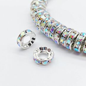 200 PCS Beads for Jewelry Making 10MM Silver Plated AB Crystal Beads for Bracelets Making Large Hole (4.5MM) Rhinestone Crystal Beads Fit European Bracelets Snake Chain (AB Crystal-Silver)