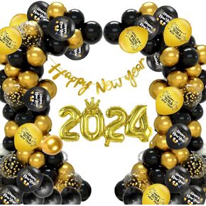مجموعة قوس إكليل 2024 من Happy New Year، بالونات من رقائق الفويل 2024 باللونين الأسود والذهبي، لوازم حفلات رأس السنة الجديدة، لافتة سنة جديدة سعيدة 2024 لديكور حفلات رأس السنة الجديدة. in Kuwait
