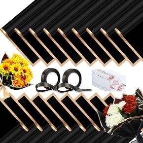 Luerbi Teachers' Day Floral Wrapping Paper, 40 Sheets Black Flowerl Wrapping Paper, Bouquet Paper Wrap, Floral Wrapping Paper Bouquet with 2 Rolls Ribbon for Teachers Weddings Birthday Gift DIY Decor