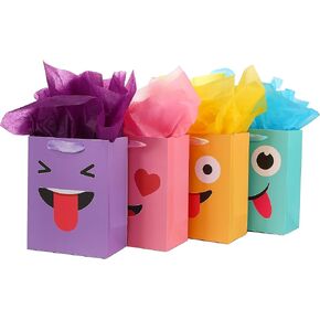 jabberwpacking 9" Medium Gift Bags with Tissue Paper Mischievous Smile Gift Bag for Birthday Party, Wedding, Baby Shower, Party Favor-4 Pack (Yellow, Purple, Pink, Blue) in Kuwait