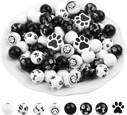 200 قطعة من الخرز الخشبي على شكل عظم مخالب الكلب من الخرز الخشبي باللونين الاسود والابيض، خرز فاصل لبصمات قدم الجراء، خرز فاصل خرز لصنع المجوهرات والعلكة لعيد الفصح والحرف اليدوية وديكور المنزل in Kuwait
