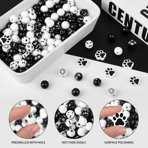 200 قطعة من الخرز الخشبي على شكل عظم مخالب الكلب من الخرز الخشبي باللونين الاسود والابيض، خرز فاصل لبصمات قدم الجراء، خرز فاصل خرز لصنع المجوهرات والعلكة لعيد الفصح والحرف اليدوية وديكور المنزل in Kuwait