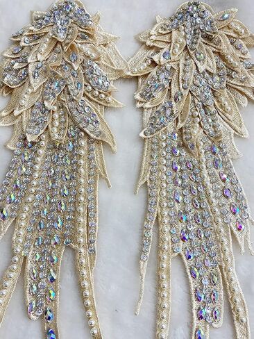 Zbroh Handmade 18 Colour Sew on Rhinestones Pearl Lace Applique Handsewing Beads wing shape Trim Patches for Dress Clothes Accessory (Black) in Saudi Arabia