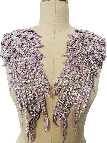 Zbroh Handmade 18 Colour Sew on Rhinestones Pearl Lace Applique Handsewing Beads wing shape Trim Patches for Dress Clothes Accessory (Black) in Saudi Arabia