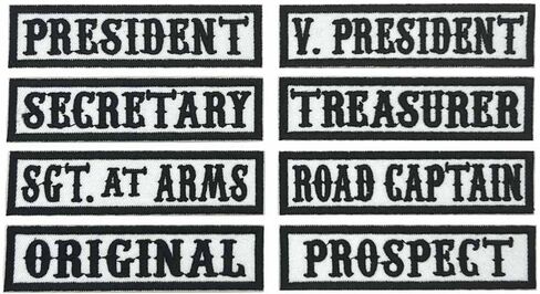 8 عبوات مقاس 4 بوصات عرض × 1 بوصة ارتفاع MC/RC ضابط عنوان رتبة سترة الرئيس VP Rocker Rider دراجة نارية بقع اسم السترة مزينة بالحديد على (أرضية بيضاء + نصوص سوداء + حدود سوداء) in Kuwait