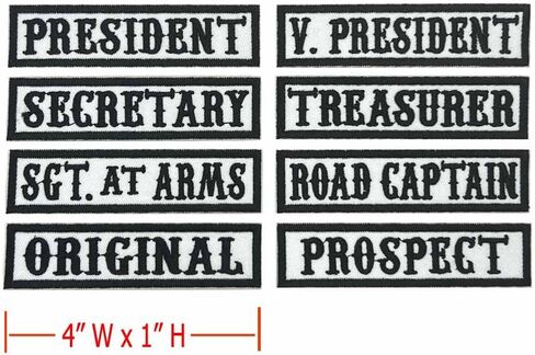 8 عبوات مقاس 4 بوصات عرض × 1 بوصة ارتفاع MC/RC ضابط عنوان رتبة سترة الرئيس VP Rocker Rider دراجة نارية بقع اسم السترة مزينة بالحديد على (أرضية بيضاء + نصوص سوداء + حدود سوداء) in Kuwait