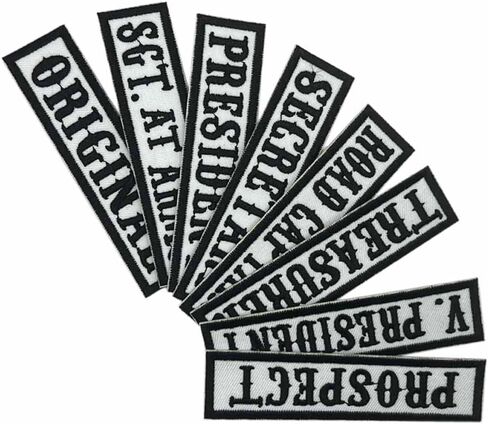 8 عبوات مقاس 4 بوصات عرض × 1 بوصة ارتفاع MC/RC ضابط عنوان رتبة سترة الرئيس VP Rocker Rider دراجة نارية بقع اسم السترة مزينة بالحديد على (أرضية بيضاء + نصوص سوداء + حدود سوداء) in Kuwait