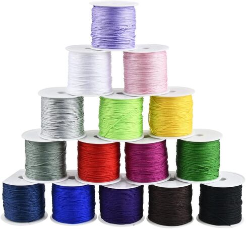 حبل خرز من النايلون من BUYGOO 15 لونًا 0.8 مم مطرز بخيط صيني من النايلون من نسيج شامبالا ماكريم، خيط خرز لصناعة السوار (735 مترًا إجماليًا) in Kuwait