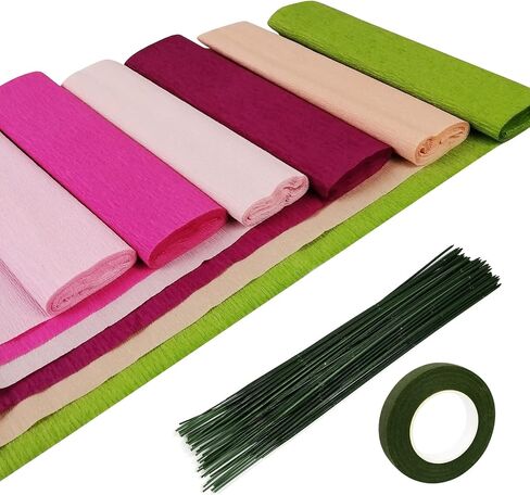 مجموعات DIY من ورق الكريب للزهور، 6 لفات 6 ألوان من لفات ورق الكريب، 1 لفة من شريط الزهور الخضراء و50 سلك حديد من الزهور الخضراء لمستلزمات صناعة إكليل الزفاف وحفلات الزفاف وحرف الزهور DIY in Kuwait
