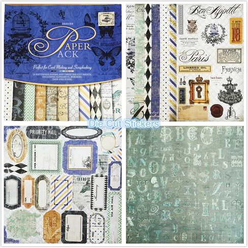 DESEACO Scrapbook Paper Book Vintage Pad for Classic Origami, DIY Cards, Photo Frame Album, Handmade Decorative Die Cuts Background, Multi-Color, 12"x12", Blue and Gray in Kuwait