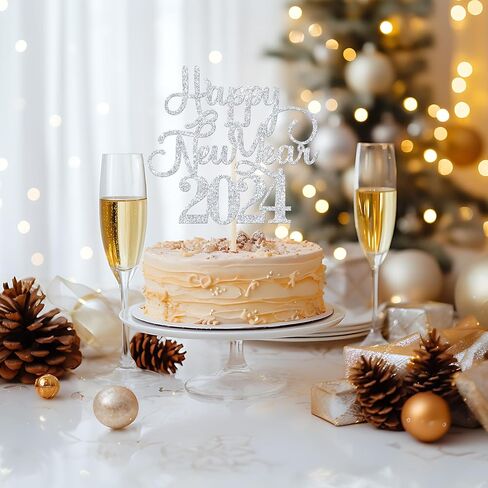 غلاف كعكة Happy New Year 2024، وداعًا 2023 مرحبًا 2024، تشير إلى 2024، لوازم تزيين حفلات رأس السنة الجديدة (جليتر أسود) in Saudi Arabia
