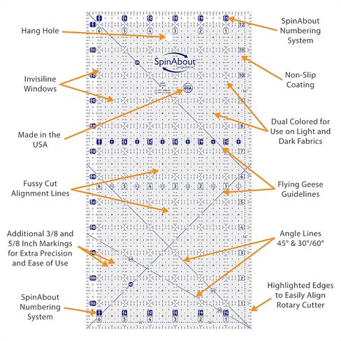SpinAbout بواسطة QuiltCut USA Made Non-Slip Quilting Ruler - مجموعة إضافية مقاس 6½ بوصة × 12½ بوصة in Kuwait
