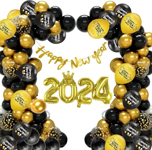 مجموعة قوس إكليل 2024 من Happy New Year، بالونات من رقائق الفويل 2024 باللونين الأسود والذهبي، لوازم حفلات رأس السنة الجديدة، لافتة سنة جديدة سعيدة 2024 لديكور حفلات رأس السنة الجديدة. in Kuwait