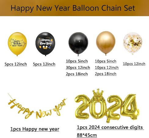 مجموعة قوس إكليل 2024 من Happy New Year، بالونات من رقائق الفويل 2024 باللونين الأسود والذهبي، لوازم حفلات رأس السنة الجديدة، لافتة سنة جديدة سعيدة 2024 لديكور حفلات رأس السنة الجديدة. in Kuwait