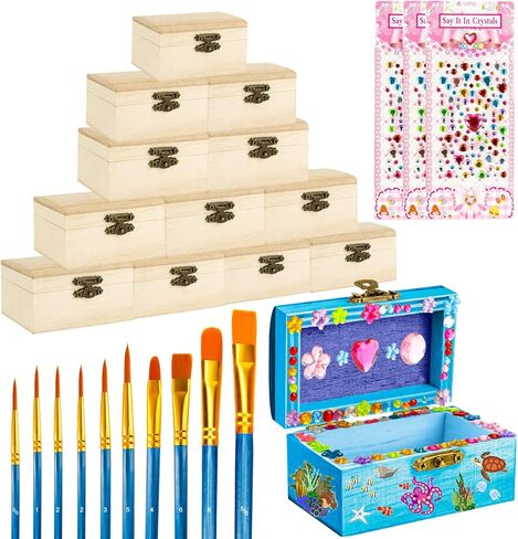 12 عبوة من صندوق خشبي غير مكتمل، وصناديق خشبية للحرف اليدوية مع 10 قطع من فرش الطلاء، وغطاء مفصلي ومشبك قفل، و3 ورقات من ملصقات المجوهرات، وصندوق صندوق كنز صغير وأحجار كريمة حرفية in Kuwait