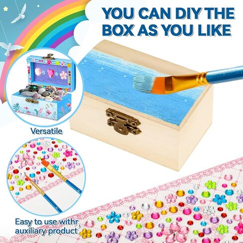 12 عبوة من صندوق خشبي غير مكتمل، وصناديق خشبية للحرف اليدوية مع 10 قطع من فرش الطلاء، وغطاء مفصلي ومشبك قفل، و3 ورقات من ملصقات المجوهرات، وصندوق صندوق كنز صغير وأحجار كريمة حرفية in Kuwait