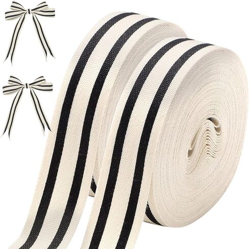 2 Rolls Natural Cotton Stripes Ribbon Striped Grosgrain Ribbon Striped Cotton Fabric Ribbon Grosgrain Decorative Wrapping Ribbon for DIY Crafts Home Decoration, 16 Yards (Black, 1.6 cm) in Saudi Arabia