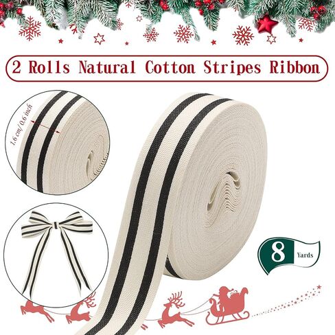 2 Rolls Natural Cotton Stripes Ribbon Striped Grosgrain Ribbon Striped Cotton Fabric Ribbon Grosgrain Decorative Wrapping Ribbon for DIY Crafts Home Decoration, 16 Yards (Black, 1.6 cm) in Saudi Arabia
