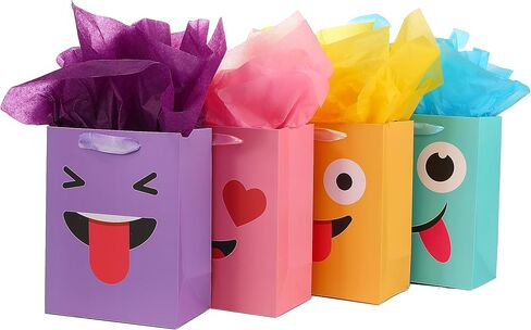 jabberwpacking 9" Medium Gift Bags with Tissue Paper Mischievous Smile Gift Bag for Birthday Party, Wedding, Baby Shower, Party Favor-4 Pack (Yellow, Purple, Pink, Blue) in Kuwait