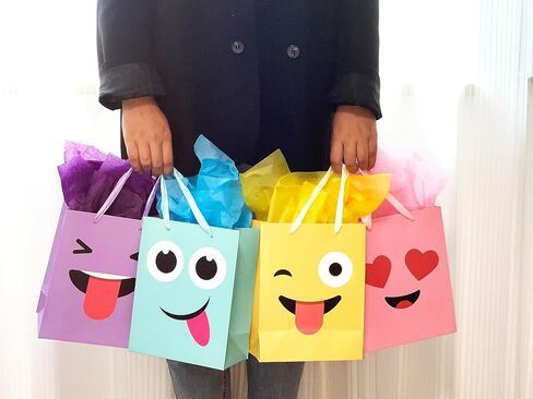 jabberwpacking 9" Medium Gift Bags with Tissue Paper Mischievous Smile Gift Bag for Birthday Party, Wedding, Baby Shower, Party Favor-4 Pack (Yellow, Purple, Pink, Blue) in Kuwait