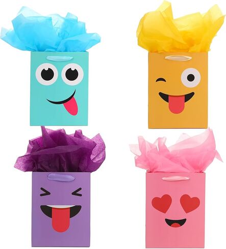 jabberwpacking 9" Medium Gift Bags with Tissue Paper Mischievous Smile Gift Bag for Birthday Party, Wedding, Baby Shower, Party Favor-4 Pack (Yellow, Purple, Pink, Blue) in Kuwait